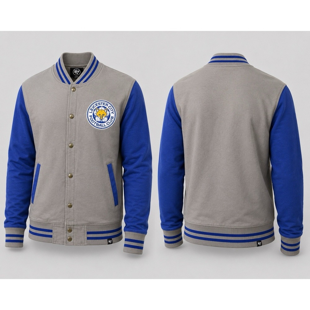 47 BRAND LEICESTER CITY RETRO VARSITY jacket MENS LRG  full zip GRAY BLUE STRIPE